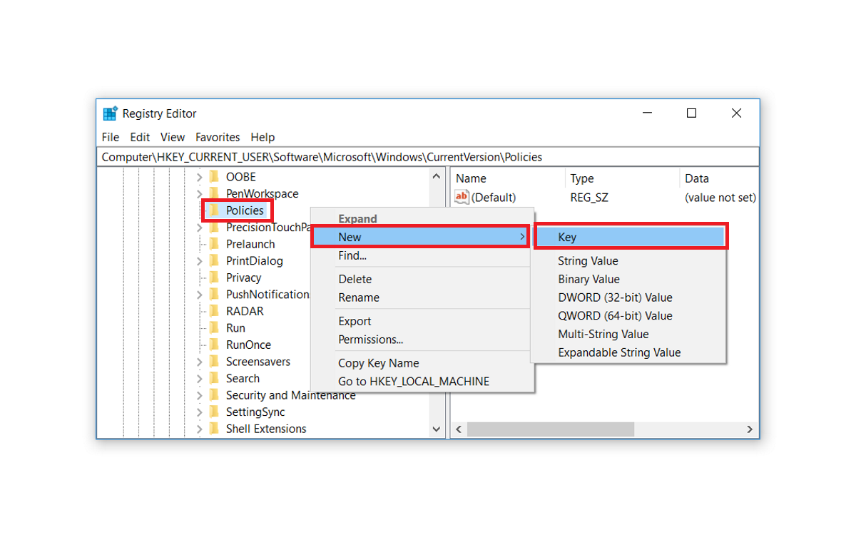 Создание ключа Attachments в редакторе реестра