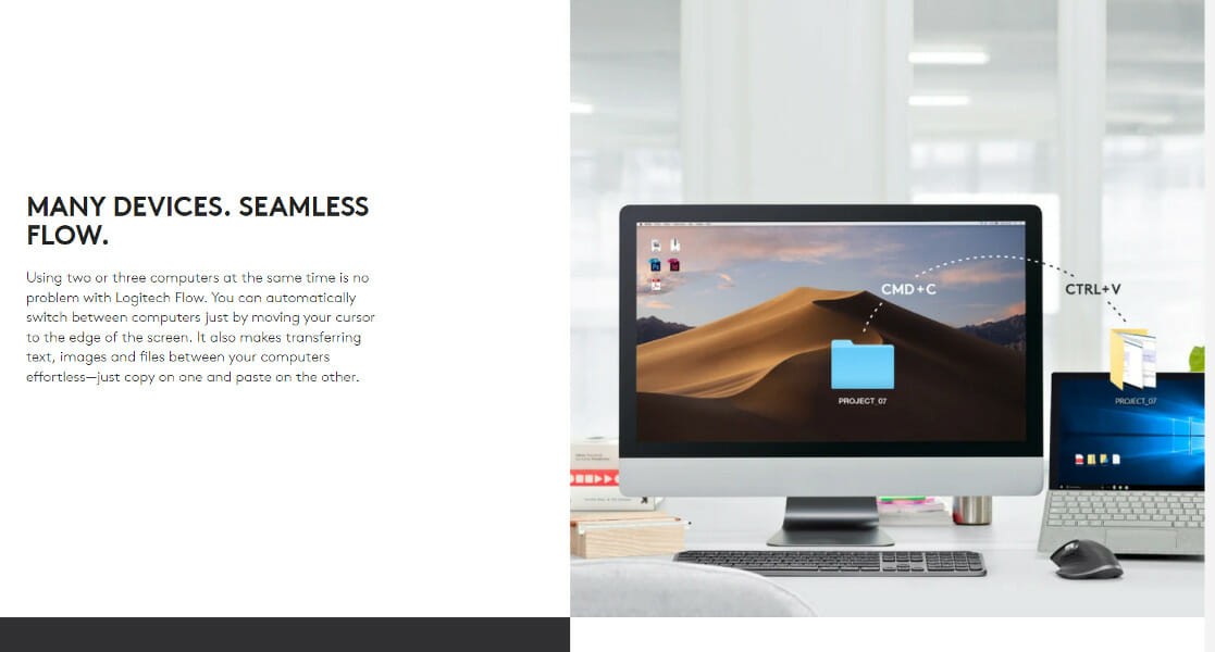 Logitech Flow изображение: демонстрация перемещения курсора между компьютерами