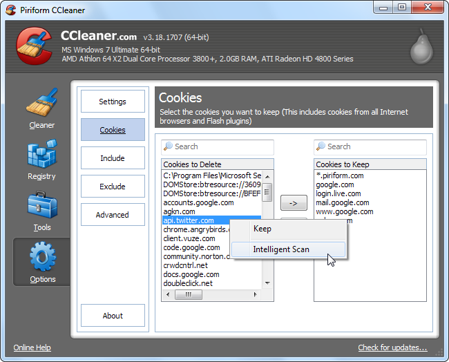 Панель управления cookies в CCleaner с кнопкой Intelligent Scan