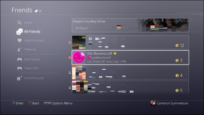 Список друзей PlayStation: профиль пользователя в списке