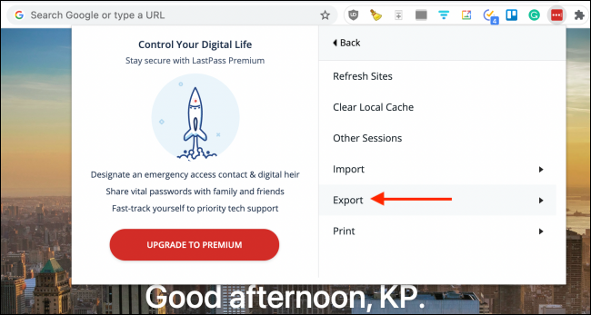 Нажмите Экспорт в расширении LastPass