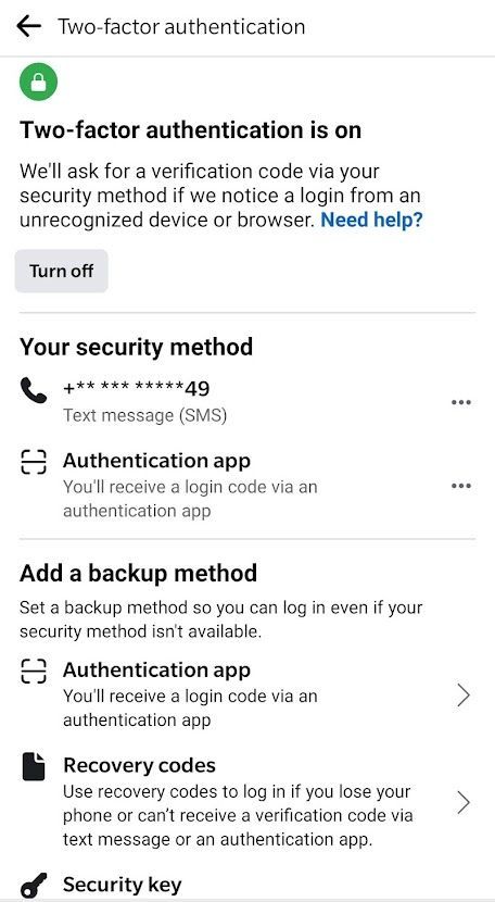 Варианты двухфакторной аутентификации в мобильном приложении Facebook