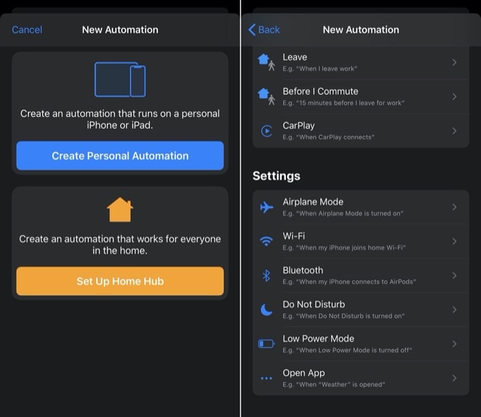 Выбор триггера Режим низкого энергопотребления в Автоматизации