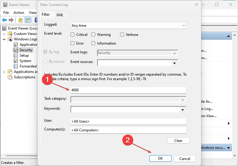 Поле ввода Event ID в фильтре журнала