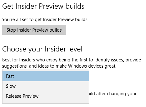 Выбор кольца Windows Insider — Slow / Fast