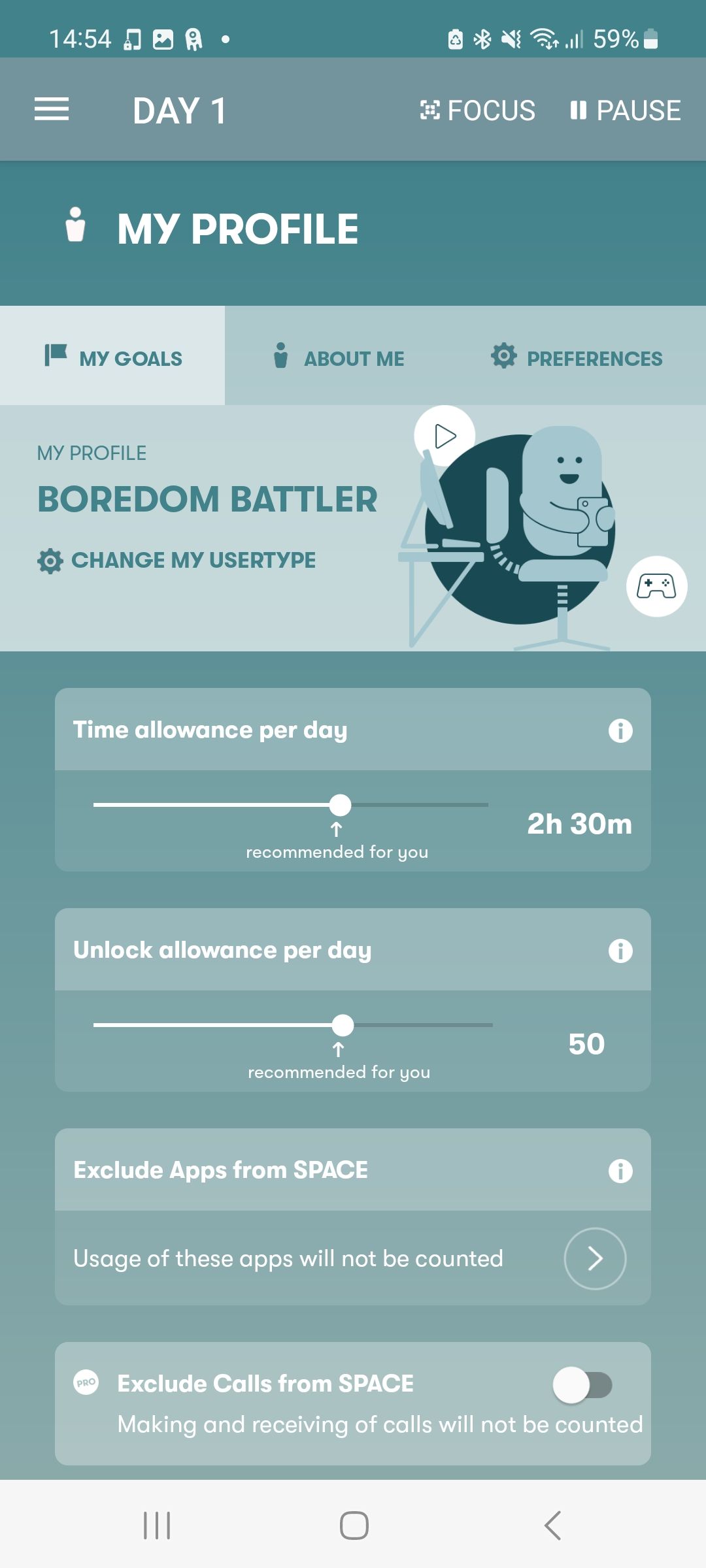Профиль SPACE с настройками времени