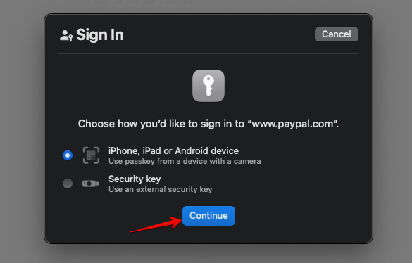 Окно iCloud Keychain с выбором входа с другого устройства и кнопкой «Продолжить».