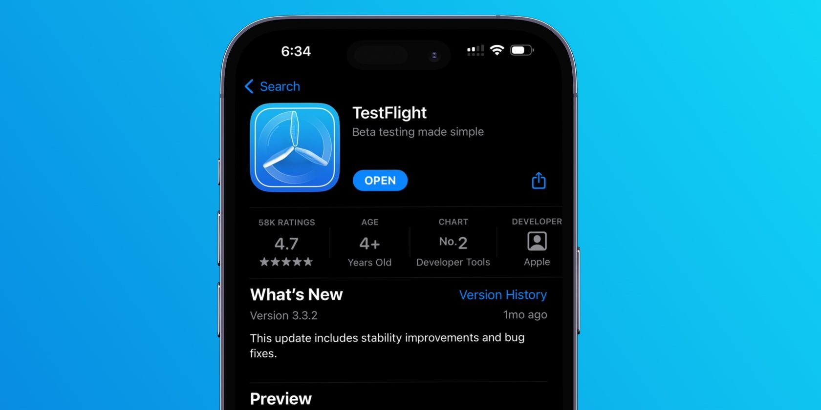 TestFlight в App Store на iPhone с карточкой приложения