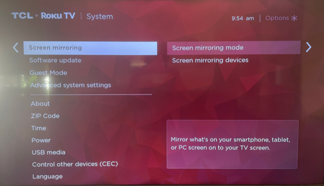 Настройки зеркалирования экрана на Roku