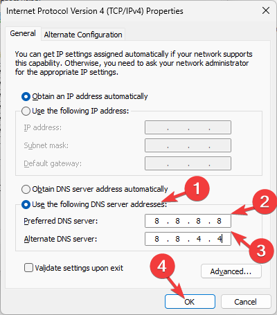 Иллюстрация: ввод Google DNS 8.8.8.8 и 8.8.4.4
