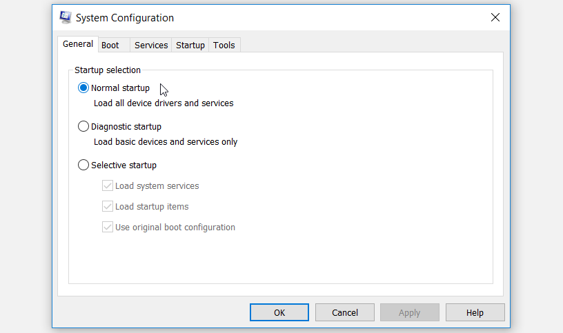 Настройка параметров Normal Startup