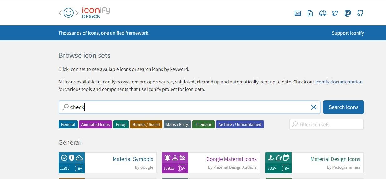 Интерфейс сайта Iconify с поиском и выбором иконки