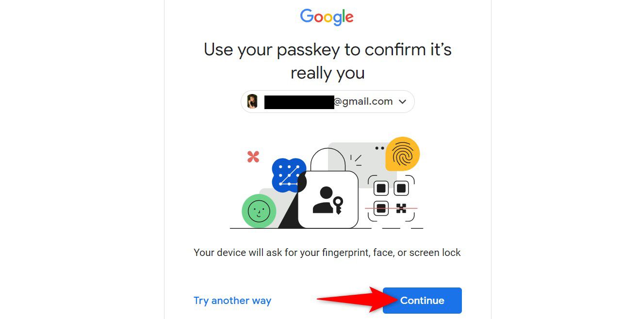 Кнопка Продолжить на странице использования passkey Google.