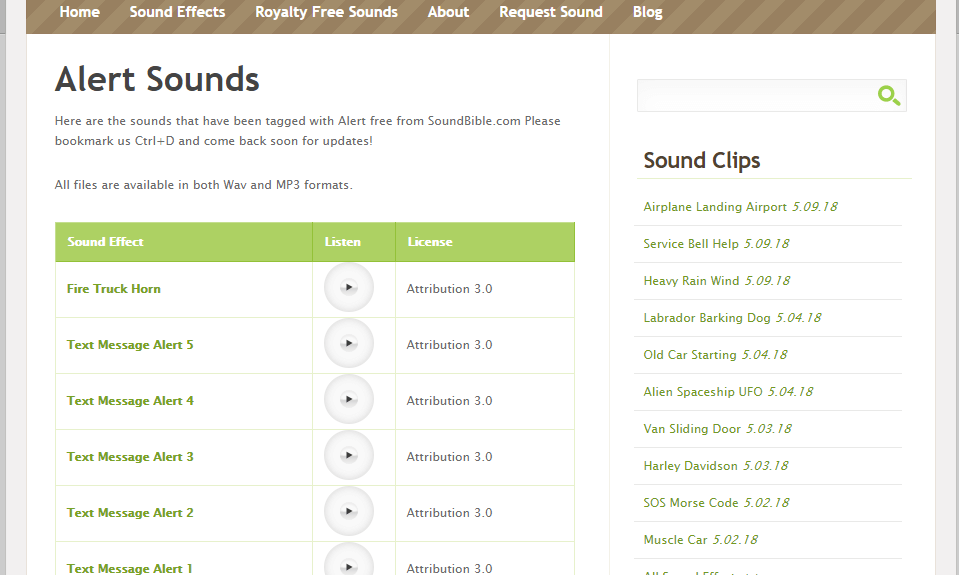 Страница Alert Sounds на Free Sound Clips для скачивания звуков напоминаний Outlook
