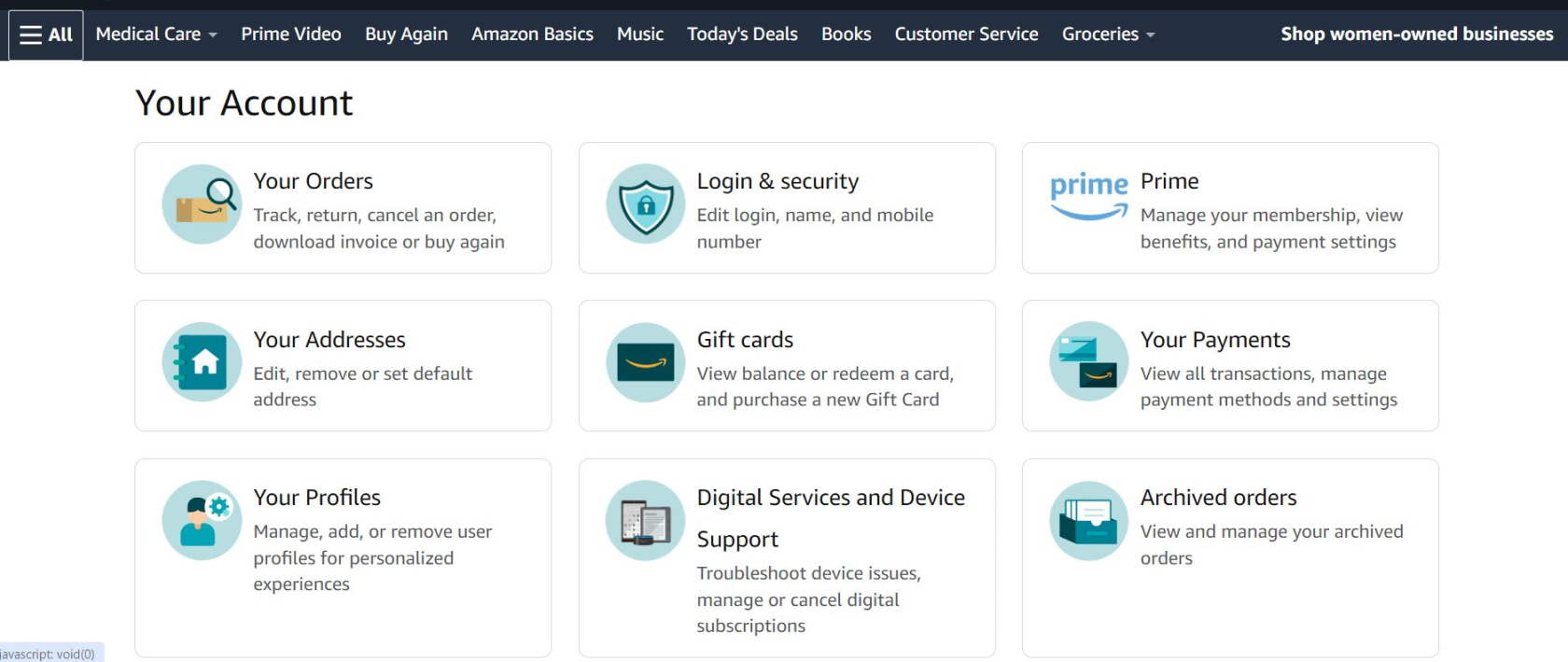 Экран настроек аккаунта Amazon
