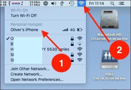 Mac: меню Wi‑Fi с именем iPhone в списке сетей