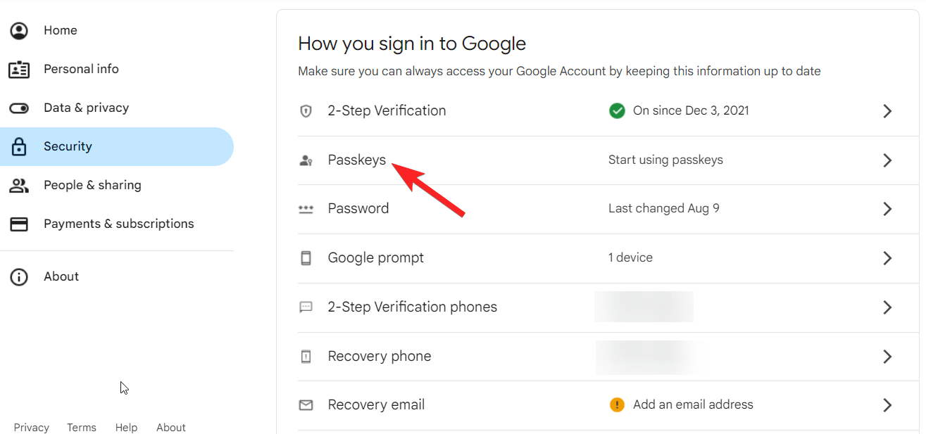 Пункт Passkeys в настройках безопасности Google