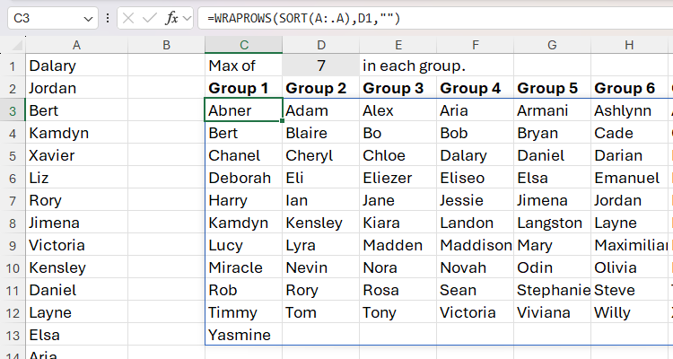 WRAPROWS に SORT を組み合わせて行ごとに並べ替えているスクリーンショット