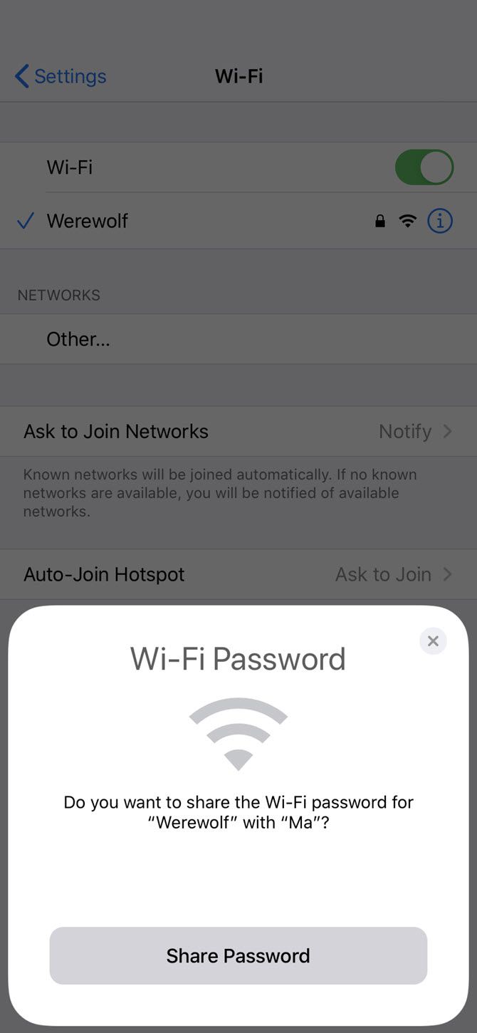 Окно предложить пароль Wi‑Fi на iPhone