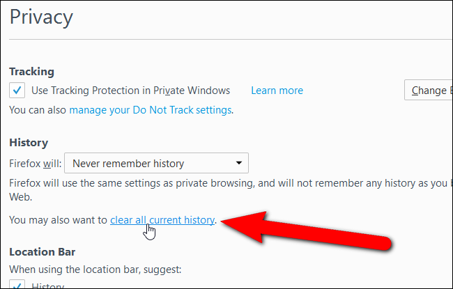 Опция очистки всей текущей истории в Firefox