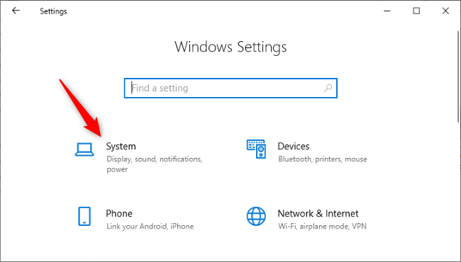 Нажатие значка Система в Параметры Windows 10
