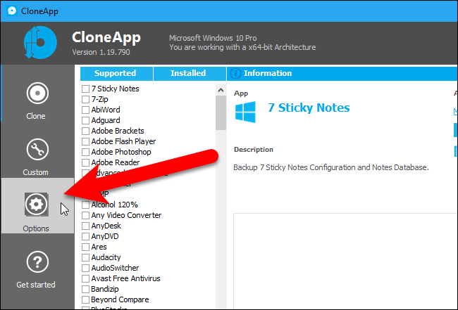 Клик по Options в CloneApp