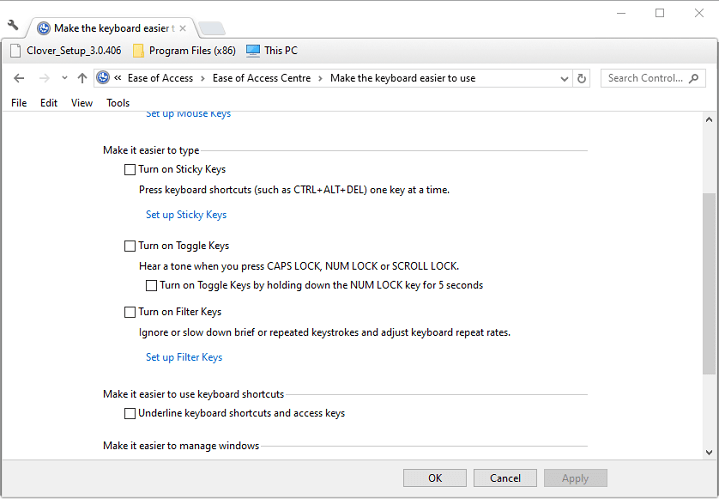 Параметры залипающих клавиш