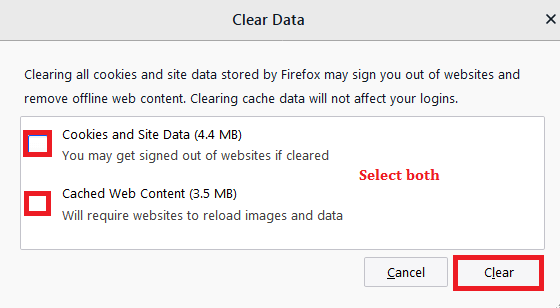 Подтверждение очистки cookies и кеша в Firefox