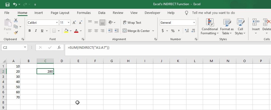 Суммирование диапазона ячеек с использованием INDIRECT в Excel