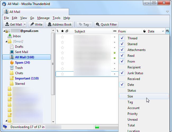 Thunderbird: столбец размера для сортировки писем