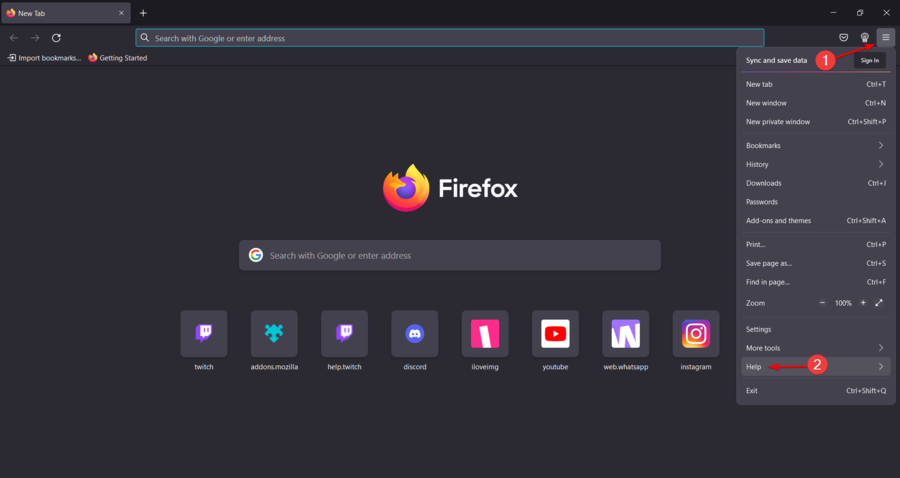 Меню «Справка» в Firefox