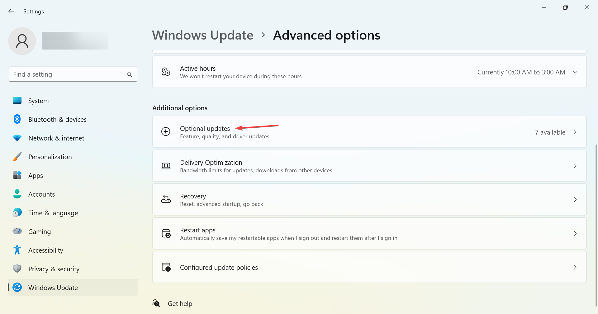 Параметр необязательных обновлений в Windows