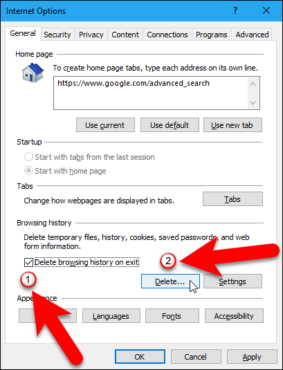 Установка удаления истории при выходе в IE