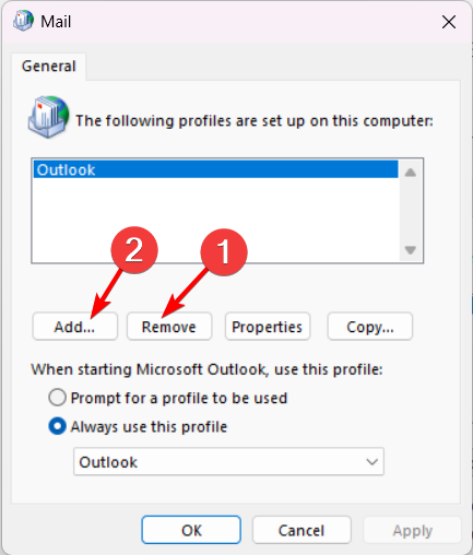 Кнопки Remove и Add для удаления и создания профиля Outlook