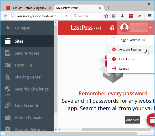 Настройки аккаунта LastPass