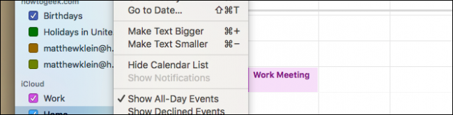 Скрытие/показ списка календарей и дополнительные опции отображения