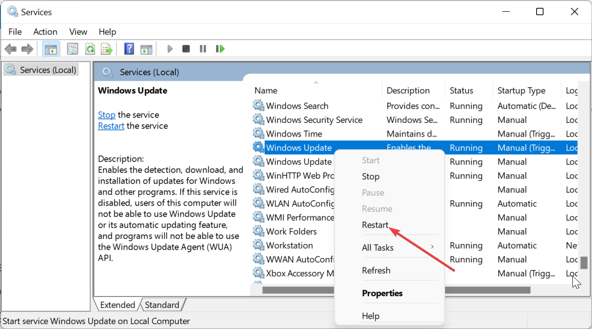 Перезапуск службы Windows Update