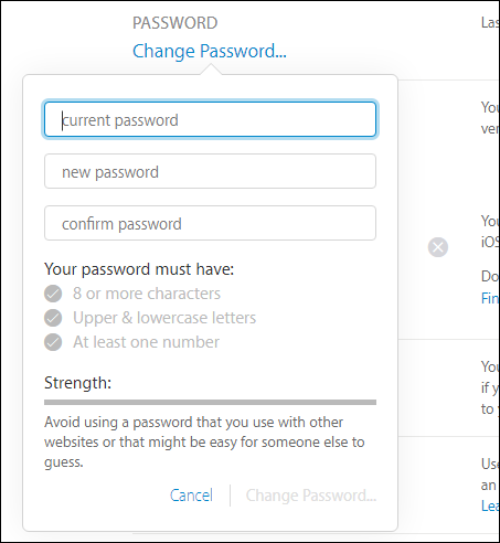 Пример экрана ввода нового пароля на Apple ID