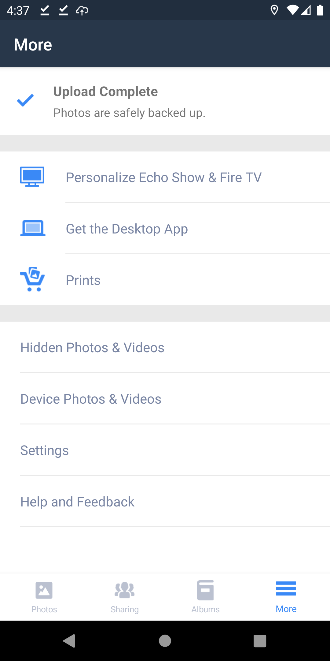 Меню «Ещё» в приложении Amazon Photos