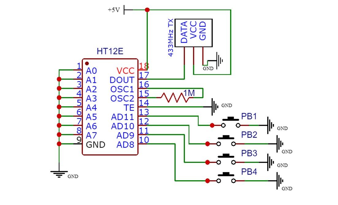 Схема передатчика 433MHz с HT12E и кнопками