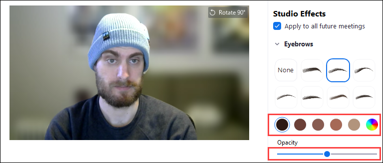 Выбор цвета и прозрачности эффекта