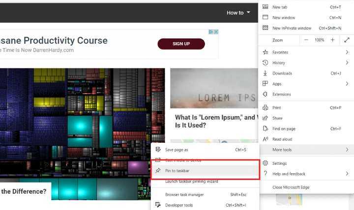 Закрепить на панели задач в Edge