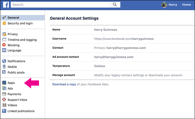 Раздел Настройки → Приложения в боковой панели Facebook