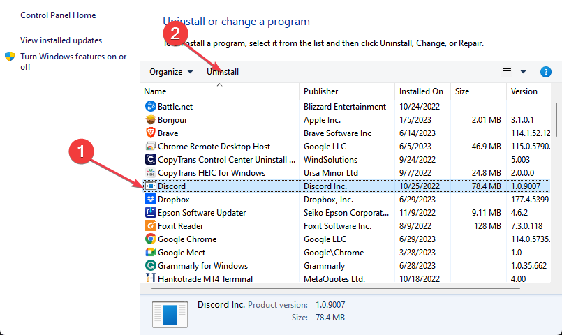 Список программ с выделенным Discord для удаления