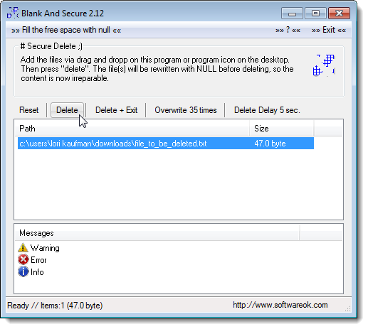 Главное окно Blank And Secure с полем для перетаскивания файлов