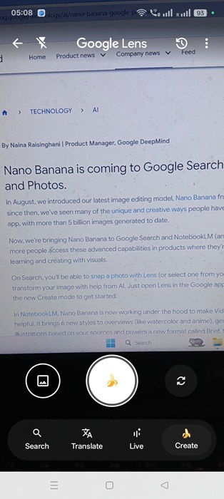 Android camera shutter button in Lens app transformed into a banana icon.
