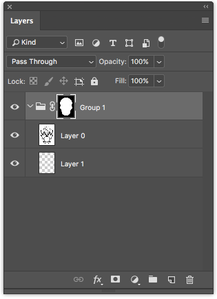 Панель слоёв с применённой маской: чёрный фон, белая область контура