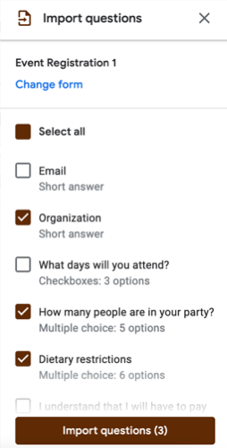 Выбор конкретных вопросов для импорта