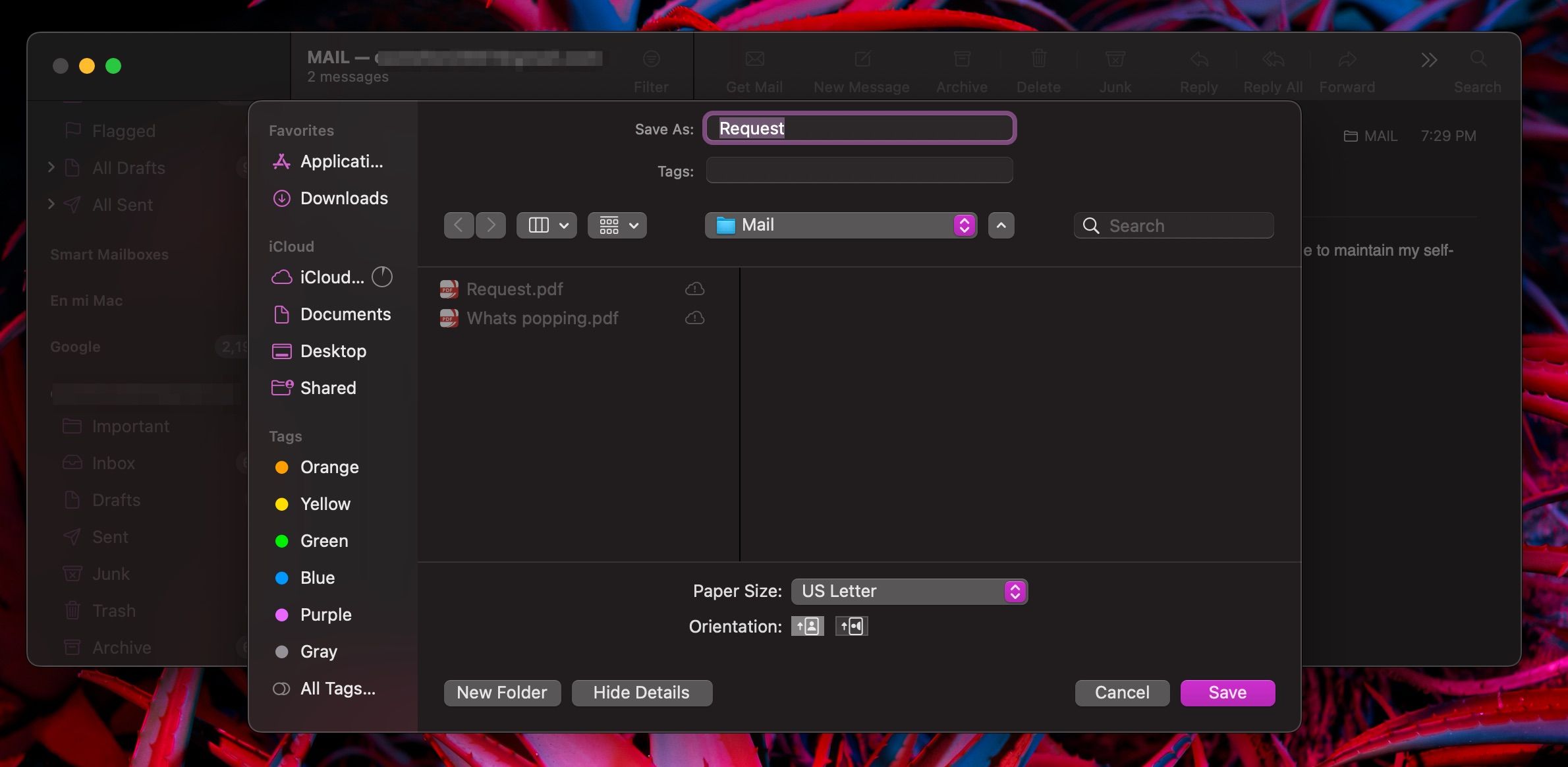 Выбор места для сохранения PDF письма на Mac
