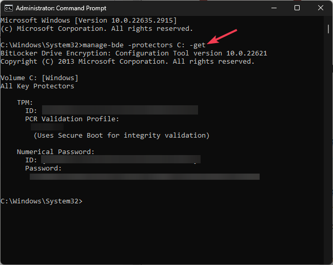 Вывод команды manage-bde с ключом восстановления